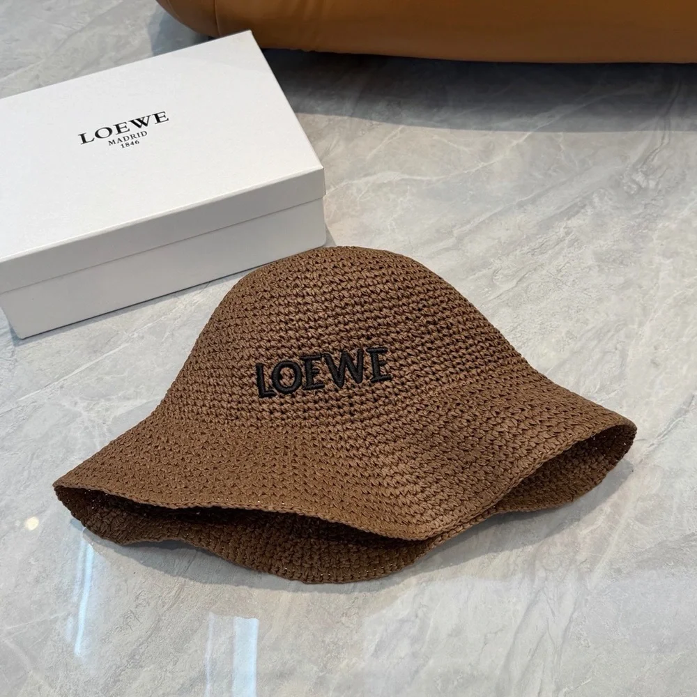 LOEWE Brown Raffia Bucket Hat Leather Anagram Logo Straw Ibiza Summer Coffee Tan - Picture 7 of 8